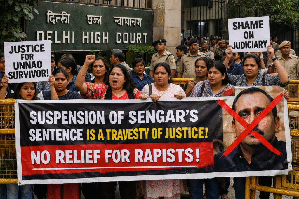 Unnao rape case: Protest outside Delhi High Court against suspension of Sengar's jail term