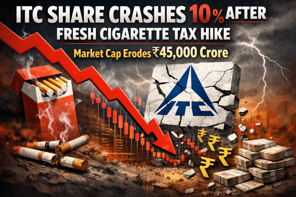 ITC Share Crashes 10% After Fresh Cigarette Tax Hike – Market Cap Erodes ₹45,000 Crore